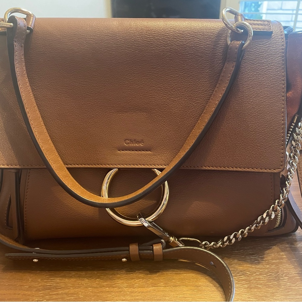CHLOE Calfskin Medium Faye Day Shoulder Bag in Tan.